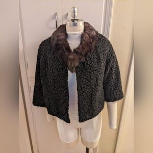 **LAST CHANCE**Vintage 1950s/ 1960s black Persian  wool and fur cropped jacket.